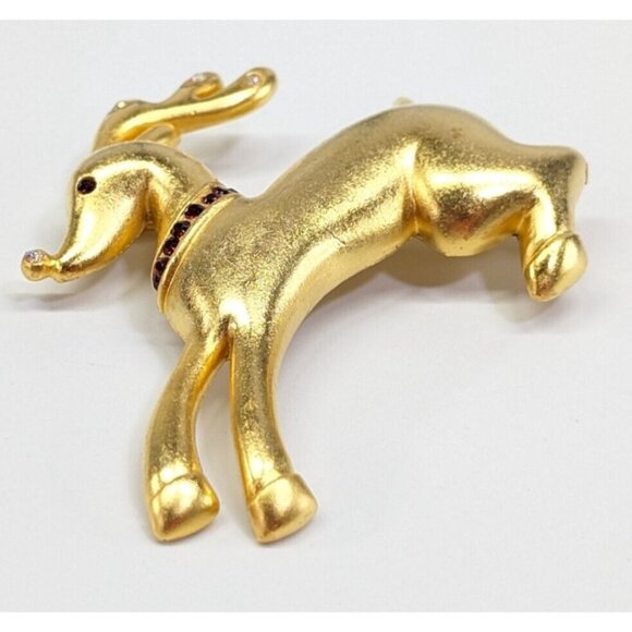 Vintage FLP Matte Gold Tone Glass Rhinestone Reindeer Christmas Brooch Pin - Picture 2 of 6